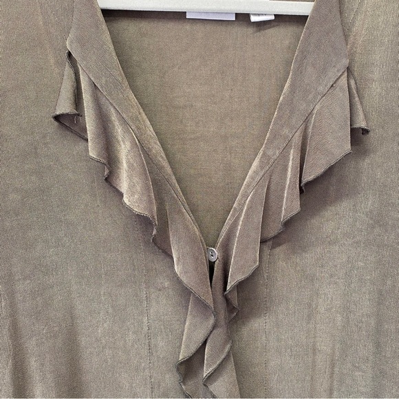 Chicos Travelers Green Slinky Knit Ruffle Trim Cardigan Sz XL - Picture 2 of 12